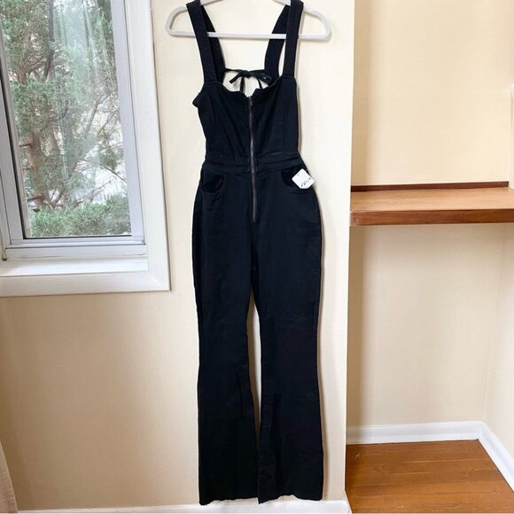 NWT Free People CRVY 2nd Ave One Piece Denim Flare Jumpsuit in Black Panther - Picture 6 of 15